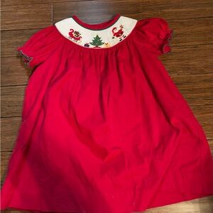 Festive Red Santa Claus, Tree and Sleigh Smocked Kids Dress